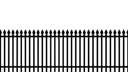 Black wrought iron fence with pointed tops on a transparent background