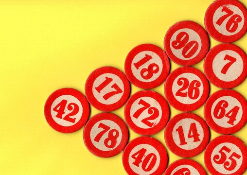 Content from the vintage game of Lotto or Bingo on a bright coloured background.