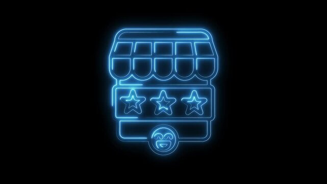Glowing neon storefront icon animation with three stars and smiling face on black background
