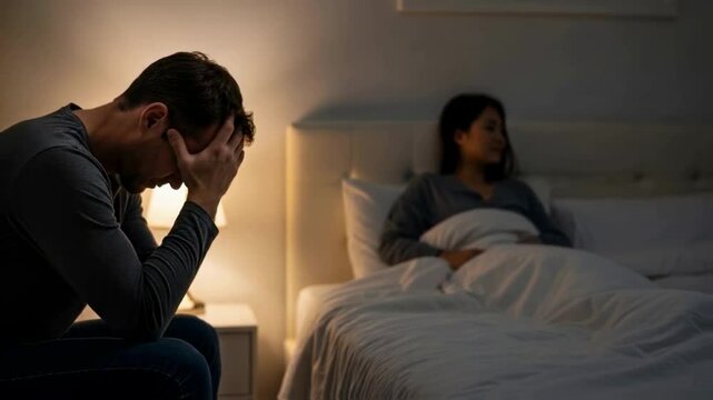 A man sits on the edge of the bed in despair while his partner lies turned away, illustrating a breakdown in communication, relationship conflict, and emotional distress in a marriage
