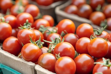 Fresh ripe cherry tomatoes in market baskets showcasing vibrant color, organic healthy produce, and farm-to-table freshness
