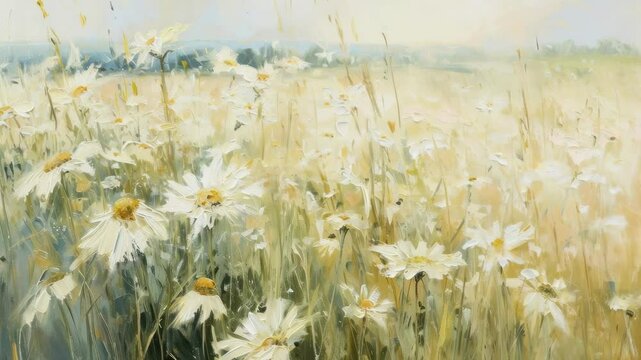 A dreamy, impressionistic video scene of a daisy field at eye level, capturing soft sunlight and gentle brushstrokes for a serene atmosphere. Live desktop wallpaper.