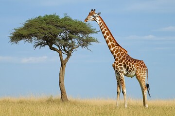 Fototapeta premium Graceful giraffe standing beside acacia tree on sunny savanna with clear blue sky creating peaceful majestic wildlife scene