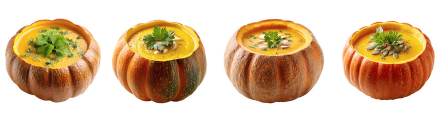 Autumn Pumpkin Soup Garnished with Parsley and Pumpkin Seeds, Served Inside the Hollowed Vegetable Shell, PNG set with transparent background