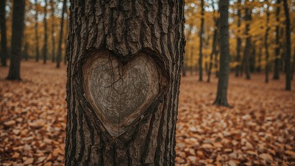 Heart carved in tree trunk amidst autumn woods