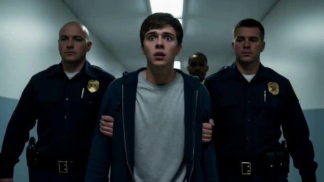 Police officers escort a terrified young suspect in a prison hallway, his shocked expression capturing the moment of arrest, a concept for juvenile justice, crime and consequences