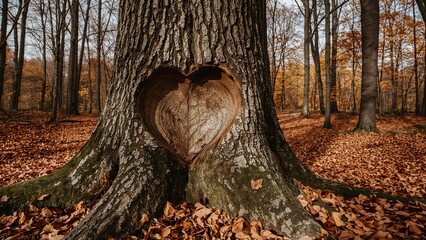 Obraz premium Heart carved in tree trunk surrounded by autumn woods