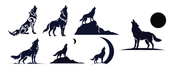 Wolf howling silhouette vector set illustration design for logo icon tattoo and graphic design element