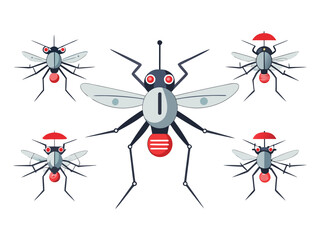 Stylized cartoon mosquitoes with red umbrellas on their heads and a larger one in the center
