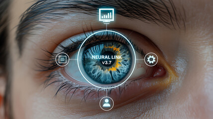 Eye of the Future: A close-up perspective on the human eye, integrated with advanced technology, sparking curiosity about the potential of future neural interfaces. 