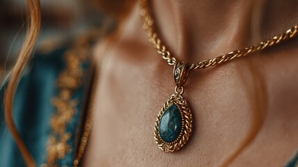Elegant jewelry featuring a golden necklace with a blue stone pendant worn by a woman in decorative attire
