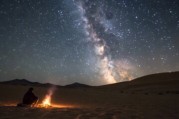 Fototapeta premium Milky Way Campfire Night – Cosmic Wilderness Scene for Travel Editorials, Stargazing Retreat Branding, and Solitude-Themed Design