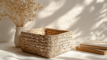 Wicker storage basket on pristine ivory surface complements airy interiors with natural textures stylish organization