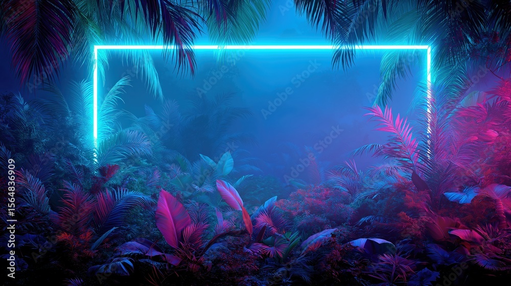 Poster neon rectangle shape glowing in a tropical jungle at night in 80s synthwave style