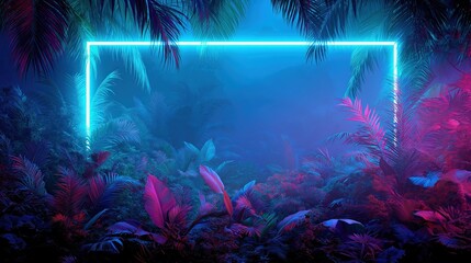 Neon rectangle shape glowing in a tropical jungle at night in 80s synthwave style