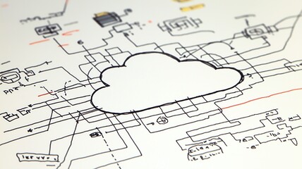Paper cloud icon on retro abstract circuit diagram representing modern cloud computing and digital data technology integration, vintage magazine print
