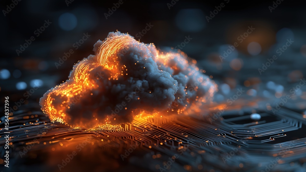 Poster futuristic glowing cloud icon on digital circuit board background, symbolizing modern cloud computin