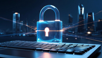 Cybersecurity Lock Above Laptop, Digital Protection Padlock in Dark Tech Style, Online Safety Icon Over Keyboard,  A lock that is showing protection, generative ai