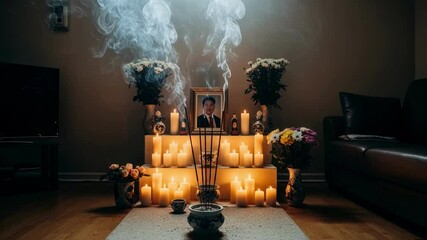 An ancestral altar with a framed photograph, burning candles, flowers, and smoking incense creates a solemn tribute to a deceased loved one, representing asian traditions, grief, and remembrance