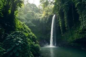 Tropical Waterfall in Lush Forest – Nature Landscape for Travel Editorials, Eco Branding, and Tranquility Themes