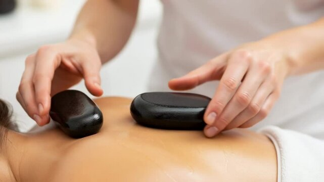 Therapist places heated basalt stones on a woman's oiled back during a hot stone massage therapy session, a concept for spa relaxation, wellness, and alternative medicine