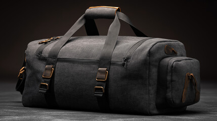 Fototapeta premium Powerful gym duffel bag on raven black platform, heavy-duty material, reinforced handles, spacious compartments, fitness