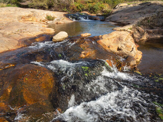 River stream waterfall in forest landscape, beautiful nature water stream with rocks in the forest little mountain waterfall water flowing and stone clear water in mountain river with tree