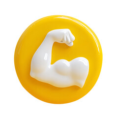 Glossy Yellow Arm Flexing Bicep Emoji on yellow rounded shape, transparent background.