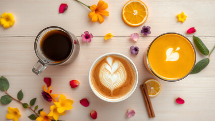 Trendy cozy image for International Coffee Day featuring a warm creative coffee table setup with ceramic mugs neutral tones and minimal Scandinavian styling ideal for still life with easter eggs