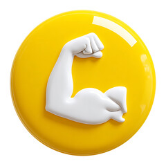 Glossy Yellow Arm Flexing Bicep Emoji on yellow rounded shape, transparent background.