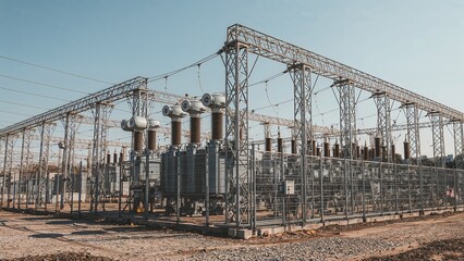 High voltage transformer in sunny substation view