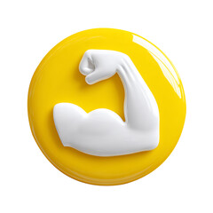 Glossy Yellow Arm Flexing Bicep Emoji on yellow rounded shape, transparent background.