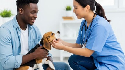 Attentive asian female veterinarian examines a healthy beagle dog held by its smiling african american owner, representing diversity in professional pet care and positive client service