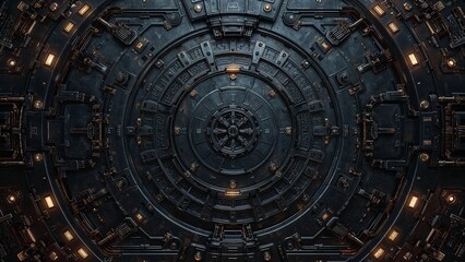 Fototapeta premium Intricate geometric sci-fi metal design with illuminated accents