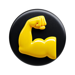 Glossy Yellow Arm Flexing Bicep Emoji on black rounded shape, transparent background.