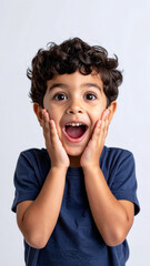 Happy curly boy with shocked surprised face hands on cheeks isolated white background studio portrait
