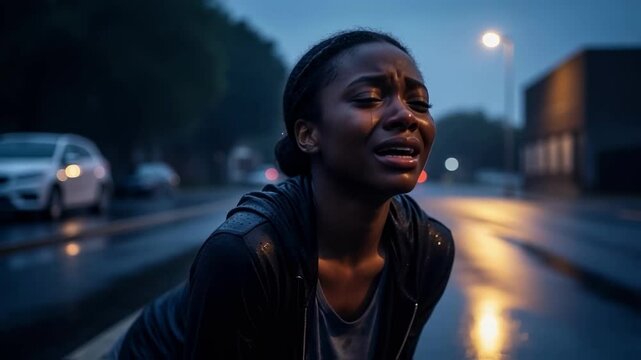 Heartbroken african american woman crying in despair on a wet city street at night, looking up to the sky in the rain, a powerful concept for grief and mental health crisis