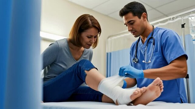 Male doctor carefully wraps a gauze bandage on an injured ankle of a distressed female patient sitting on a hospital bed, a concept for emergency medical care and orthopedics