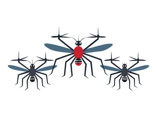 Three stylized mosquitoes with drone propellers instead of wings and legs on a white background
