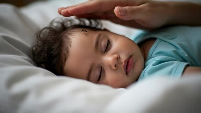 A parent's hand hovers protectively over a sleeping baby's face where a mosquito has landed, symbolizing the danger of insect bites, disease and the instinct for parental care