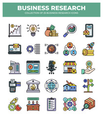 Collection of Business Research Icons: Data Analysis. Market Research. and Business Strategy