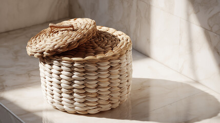 Obraz premium Hyacinth Fiber Hamper on Pristine Alabaster Surface for Eco-Friendly Laundry Storage and Stylish Organization