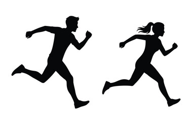 Running man and woman side by side silhouettes, male and female, for fitness, sport, and active lifestyle themes