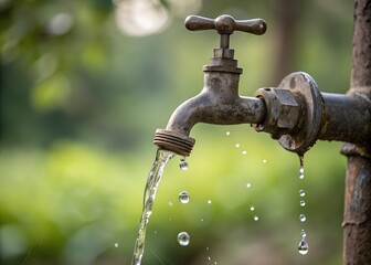An old metal water tap is dripping water in a garden setting with green blurry background and sunlight creating a serene atmosphere