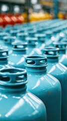 Blue gas cylinders stacked in a warehouse during mid-morning, showcasing an organized industrial setup