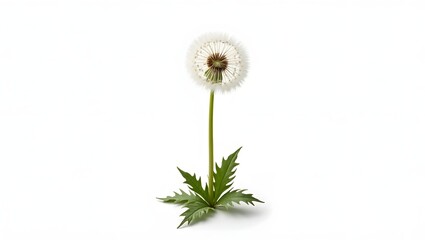Photorealistic image of a dandelion seed head isolated on white. Airy white puffball with jagged green leaves. Botanical macro with soft light and natural detail.