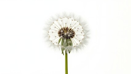 Photorealistic image of a dandelion seed head isolated on white. Airy white puffball with jagged green leaves. Botanical macro with soft light and natural detail.
