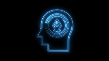 Glowing head silhouette with pen tool representing design thinking and creative process on black