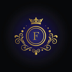 Sophisticated letter F logo with golden crown swirls and blue background for exclusive brand identity