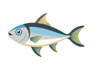 Stylized illustration of a sleek silver and blue fish with green fins swimming
